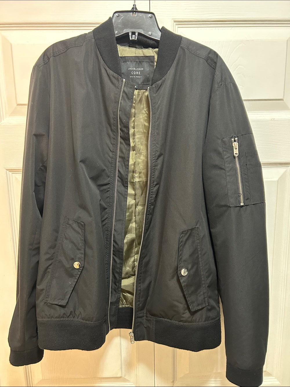Jack & Jones Black Bomber Jacket with Olive Lining